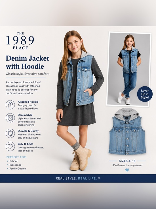 1989 Place Other - Girls 1989 Place Denim Jacket with Gray Hoodie 🌟